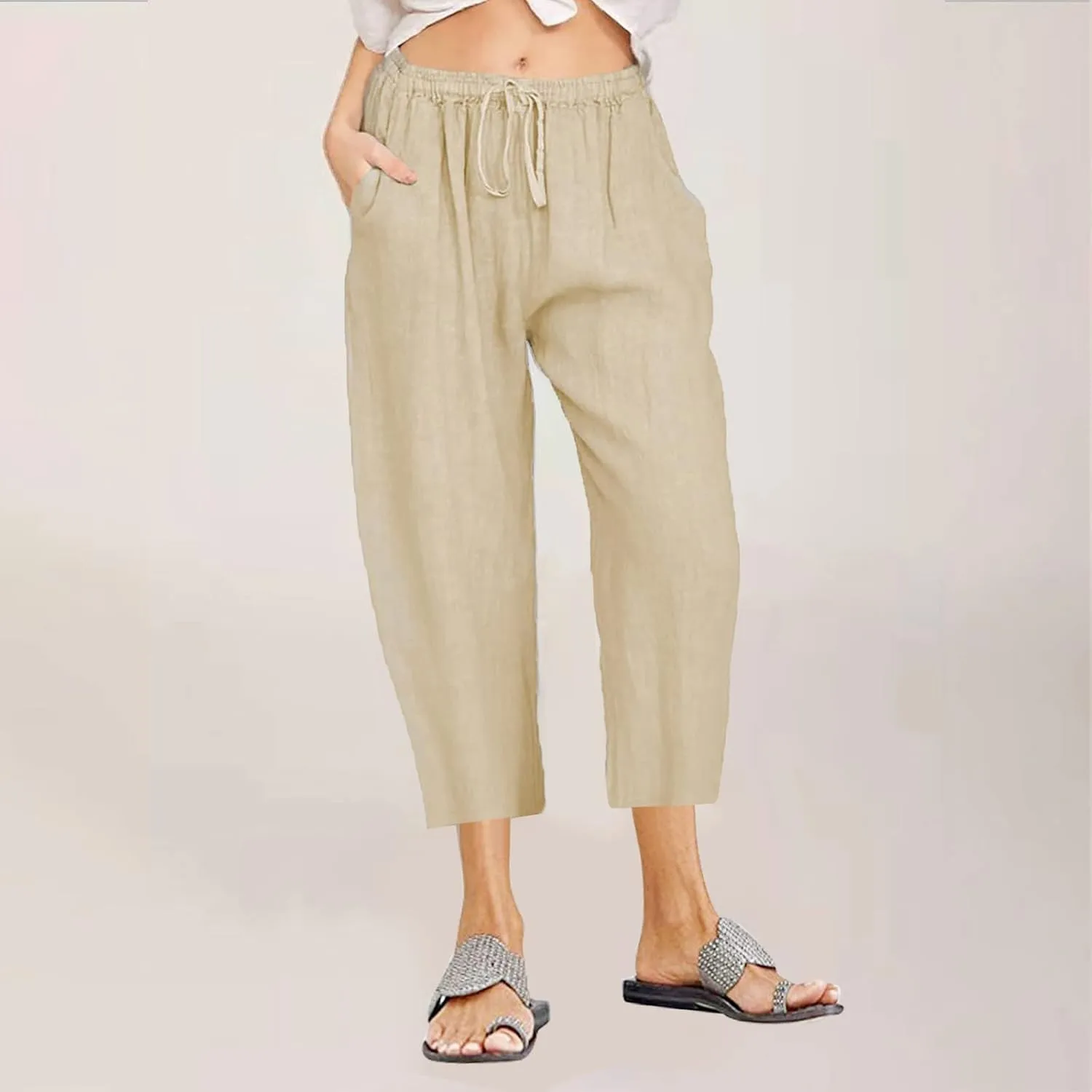 Linen Pants Women Summer Casual 2025 Capri Pants Drawstring Elastic High Waist Cropped Trousers with Pockets