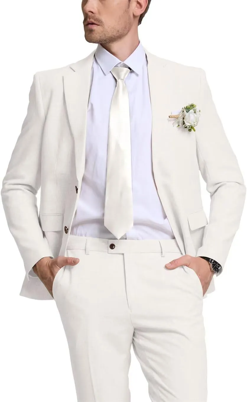 Linen Retro Mens Suit 2 Pieces Slim Fit Light Weight Linen Suit Linen Summer Suits Tuxedo Jacket Blazer Pant for Men