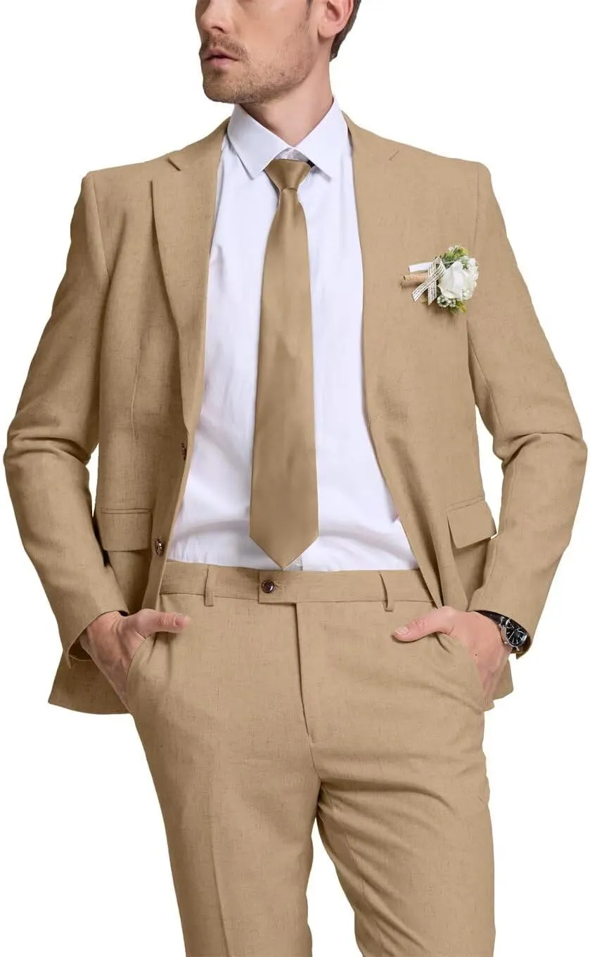 Linen Retro Mens Suit 2 Pieces Slim Fit Light Weight Linen Suit Linen Summer Suits Tuxedo Jacket Blazer Pant for Men