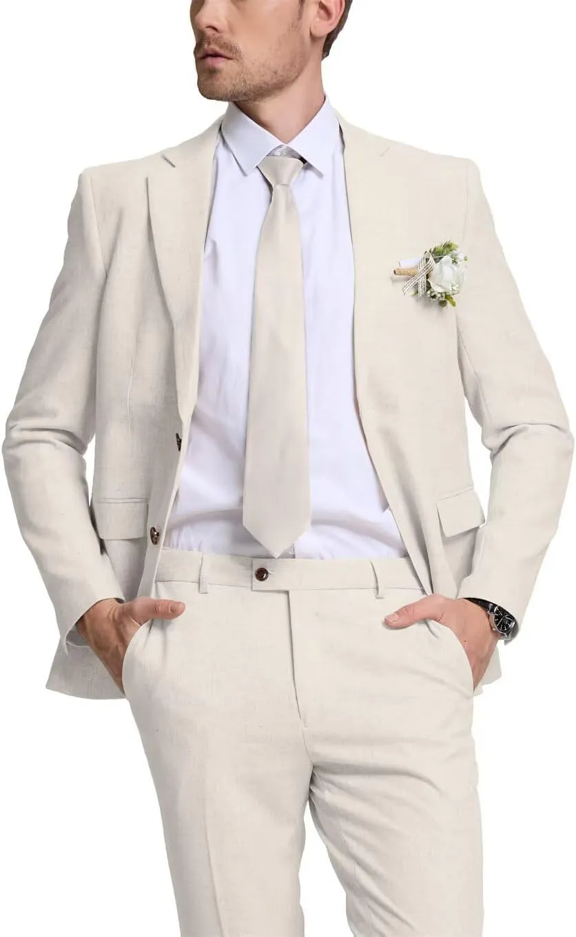 Linen Retro Mens Suit 2 Pieces Slim Fit Light Weight Linen Suit Linen Summer Suits Tuxedo Jacket Blazer Pant for Men