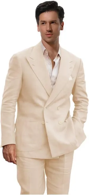 Linen Suits for Men Wedding Double Breasted Suit Men Regular Fit Tuxedos 2 Piece Light Weight Blazer Pants for Beach