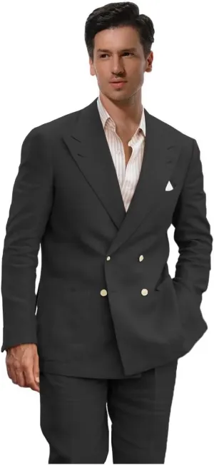 Linen Suits for Men Wedding Double Breasted Suit Men Regular Fit Tuxedos 2 Piece Light Weight Blazer Pants for Beach
