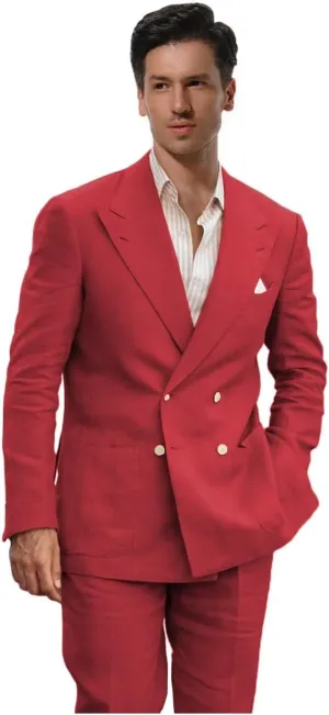 Linen Suits for Men Wedding Double Breasted Suit Men Regular Fit Tuxedos 2 Piece Light Weight Blazer Pants for Beach