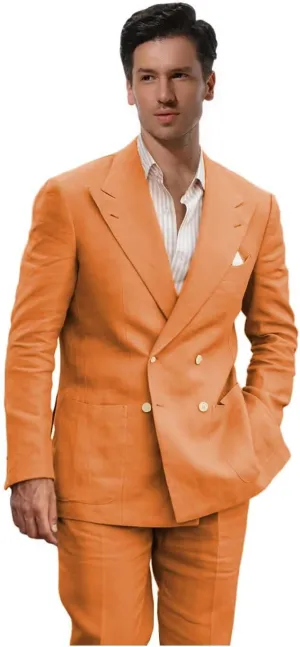 Linen Suits for Men Wedding Double Breasted Suit Men Regular Fit Tuxedos 2 Piece Light Weight Blazer Pants for Beach