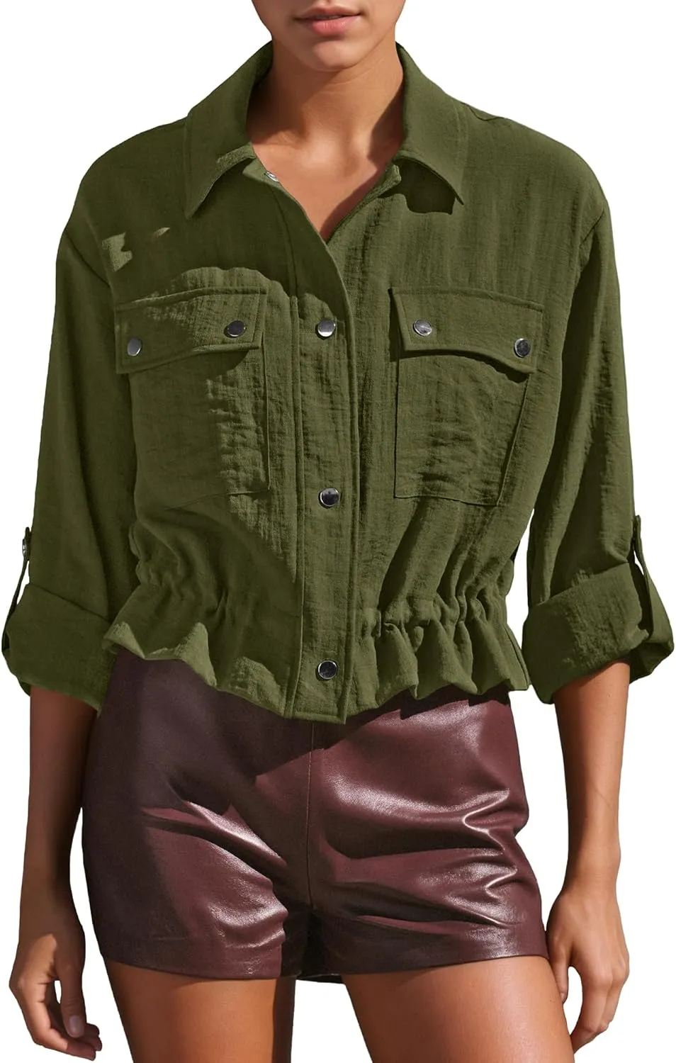 Locachy Women's Casual Lapel Cropped Jacket Lightweight Button Down Short Shirts Blouses Tops with Pockets