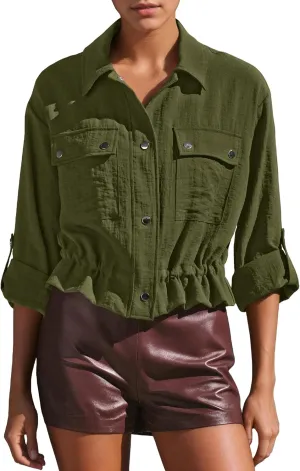 Locachy Women's Casual Lapel Cropped Jacket Lightweight Button Down Short Shirts Blouses Tops with Pockets