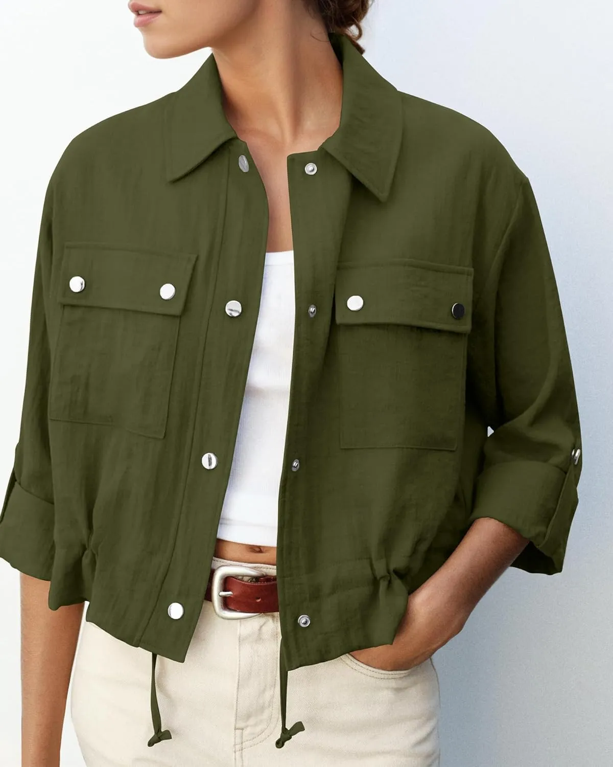 Locachy Women's Casual Lapel Cropped Jacket Lightweight Button Down Short Shirts Blouses Tops with Pockets