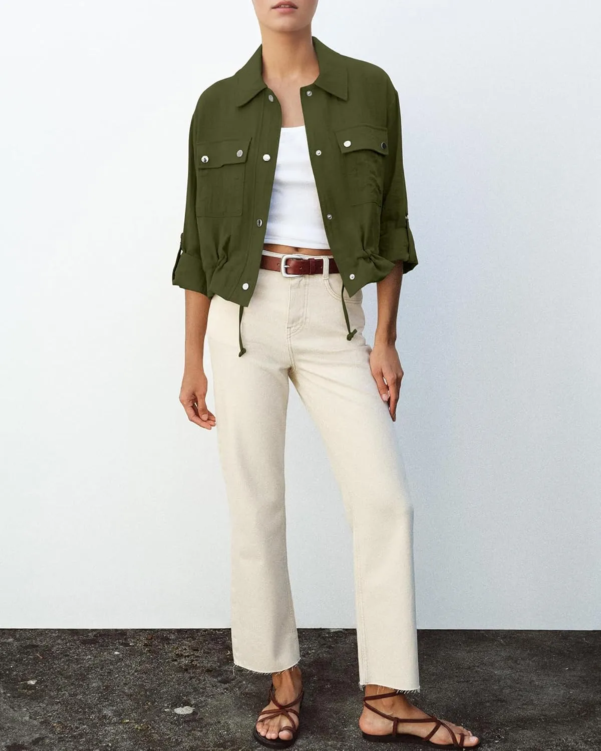 Locachy Women's Casual Lapel Cropped Jacket Lightweight Button Down Short Shirts Blouses Tops with Pockets