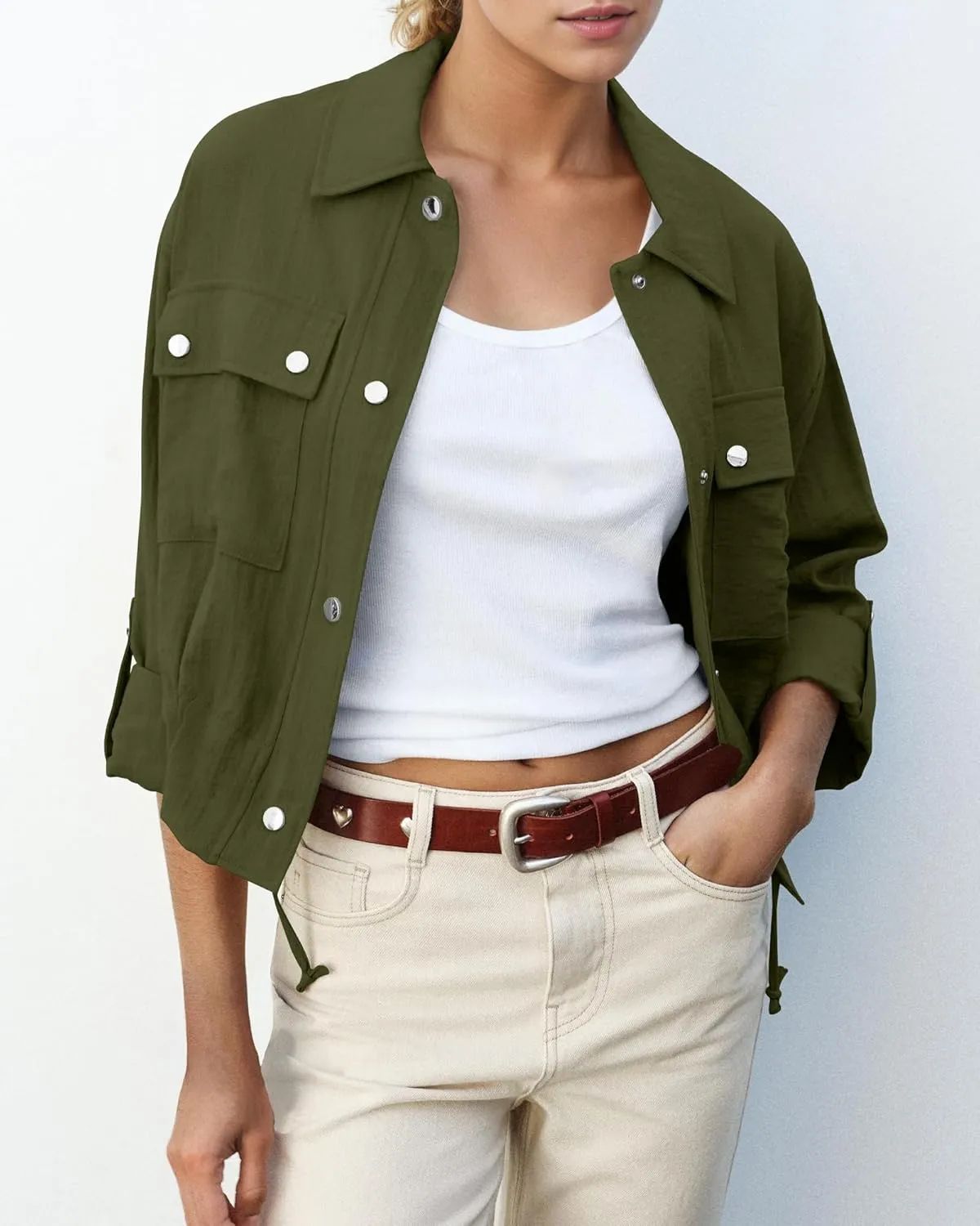 Locachy Women's Casual Lapel Cropped Jacket Lightweight Button Down Short Shirts Blouses Tops with Pockets