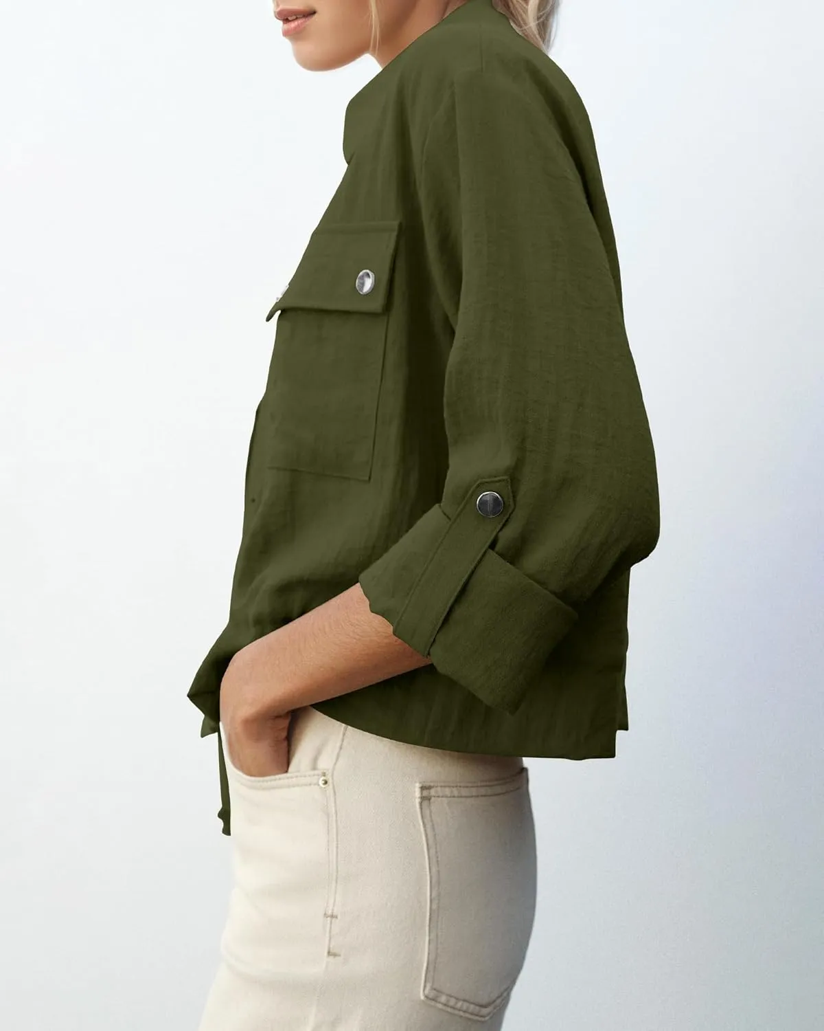 Locachy Women's Casual Lapel Cropped Jacket Lightweight Button Down Short Shirts Blouses Tops with Pockets