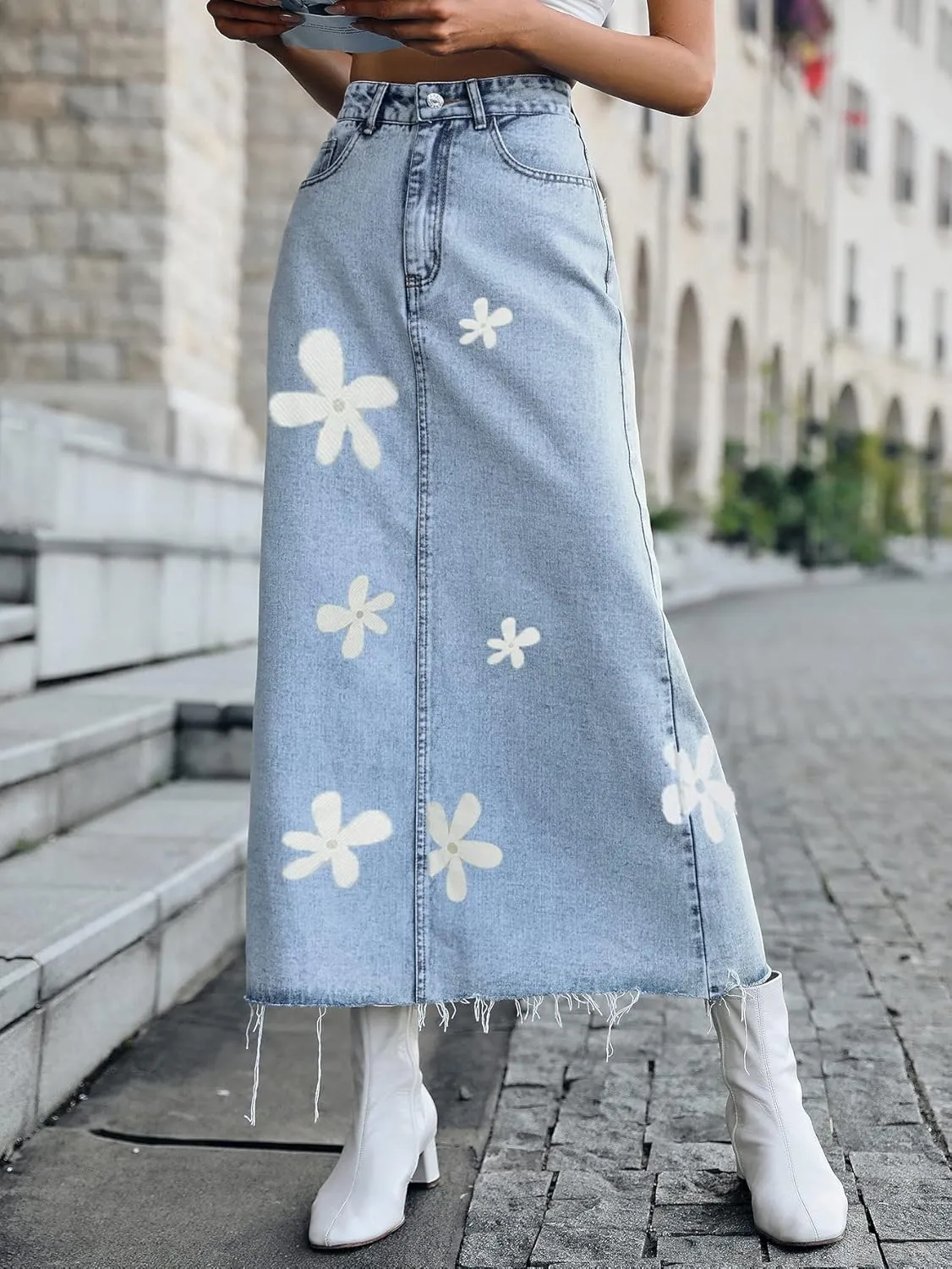 Long Denim Skirts for Women Maxi Paperbag High Waist Frayed Raw Hem A line Flare Jean Skirt with Pockets
