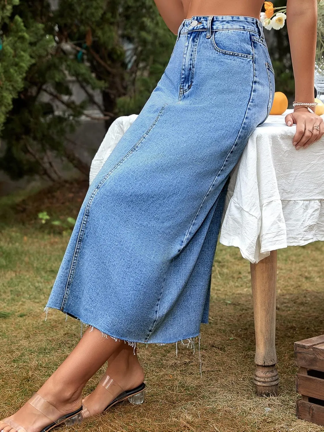 Long Denim Skirts for Women Maxi Paperbag High Waist Frayed Raw Hem A line Flare Jean Skirt with Pockets