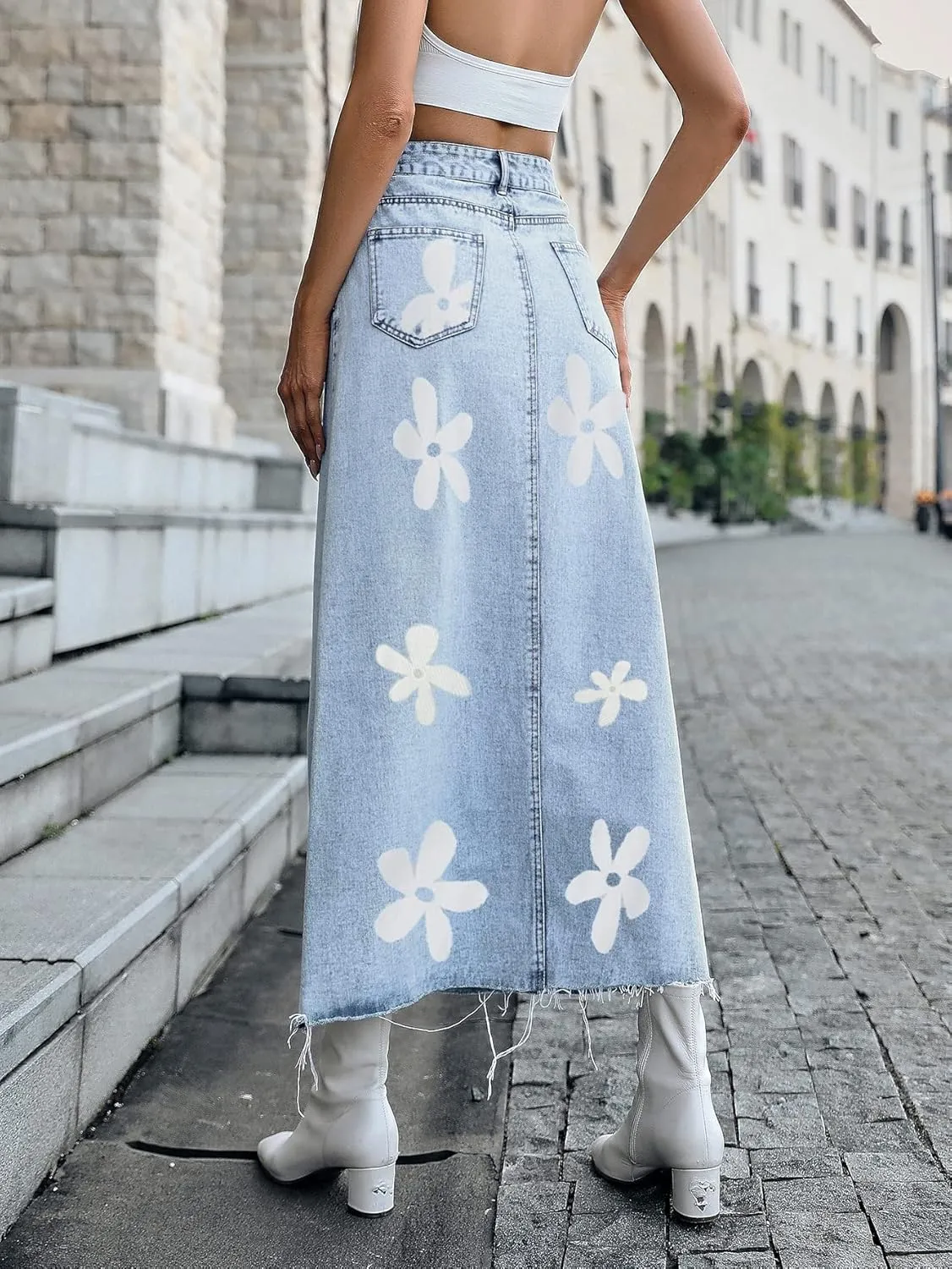 Long Denim Skirts for Women Maxi Paperbag High Waist Frayed Raw Hem A line Flare Jean Skirt with Pockets