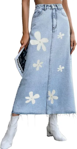 Long Denim Skirts for Women Maxi Paperbag High Waist Frayed Raw Hem A line Flare Jean Skirt with Pockets