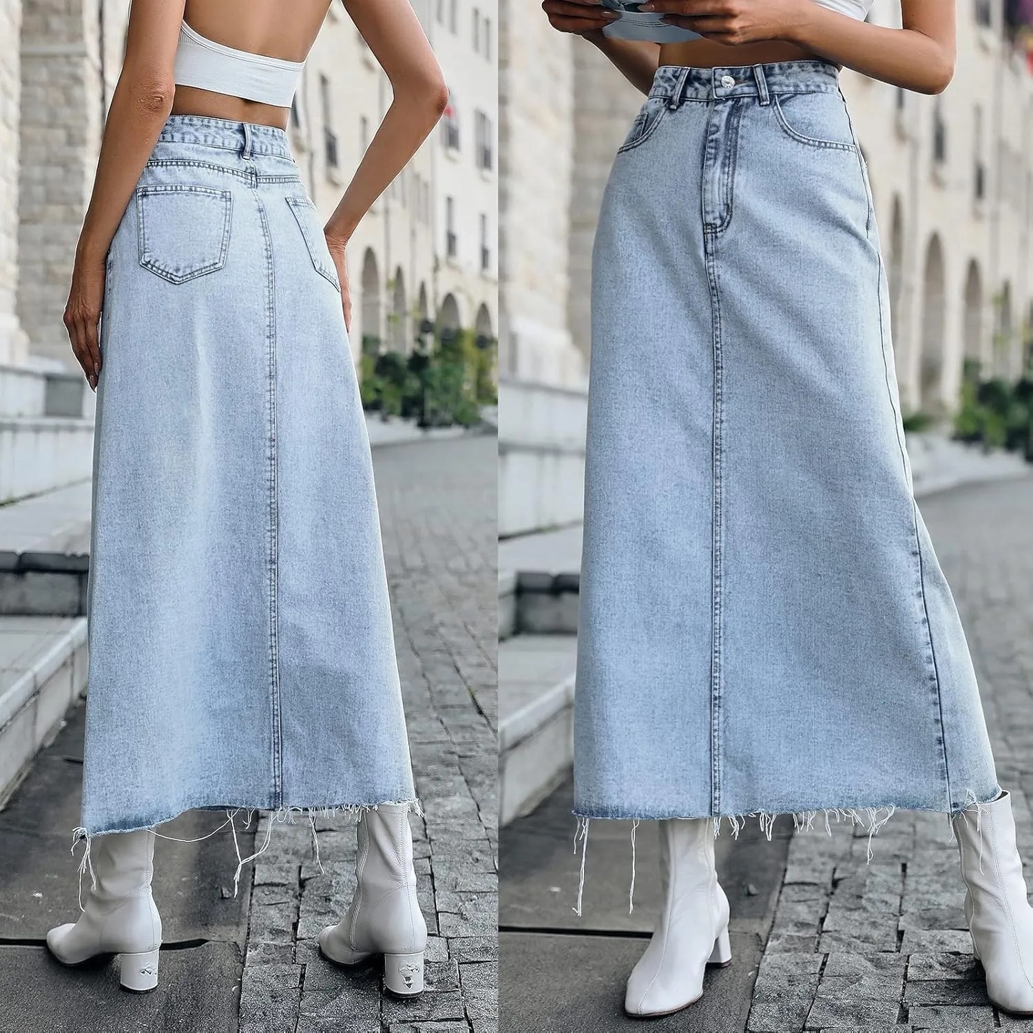 Long Denim Skirts for Women Maxi Paperbag High Waist Frayed Raw Hem A line Flare Jean Skirt with Pockets