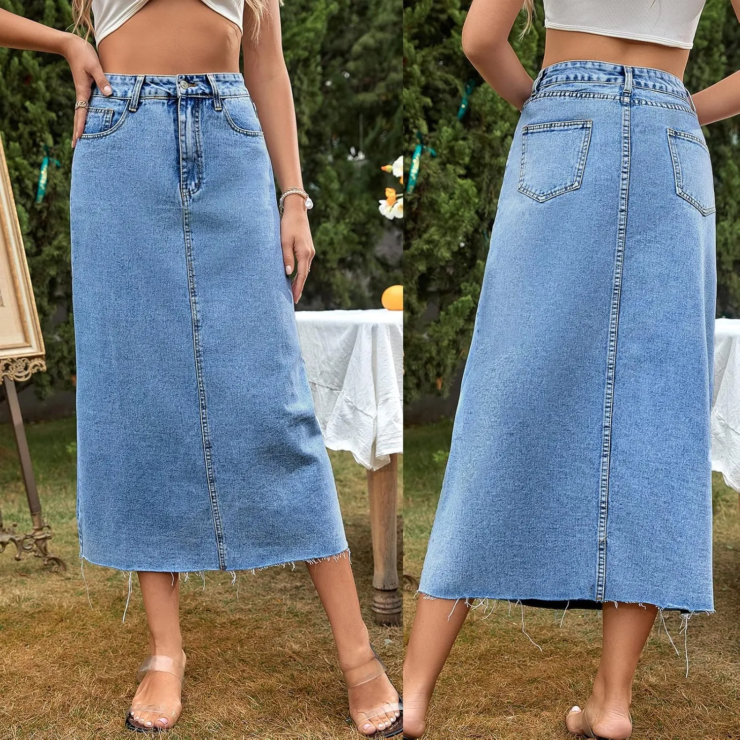 Long Denim Skirts for Women Maxi Paperbag High Waist Frayed Raw Hem A line Flare Jean Skirt with Pockets