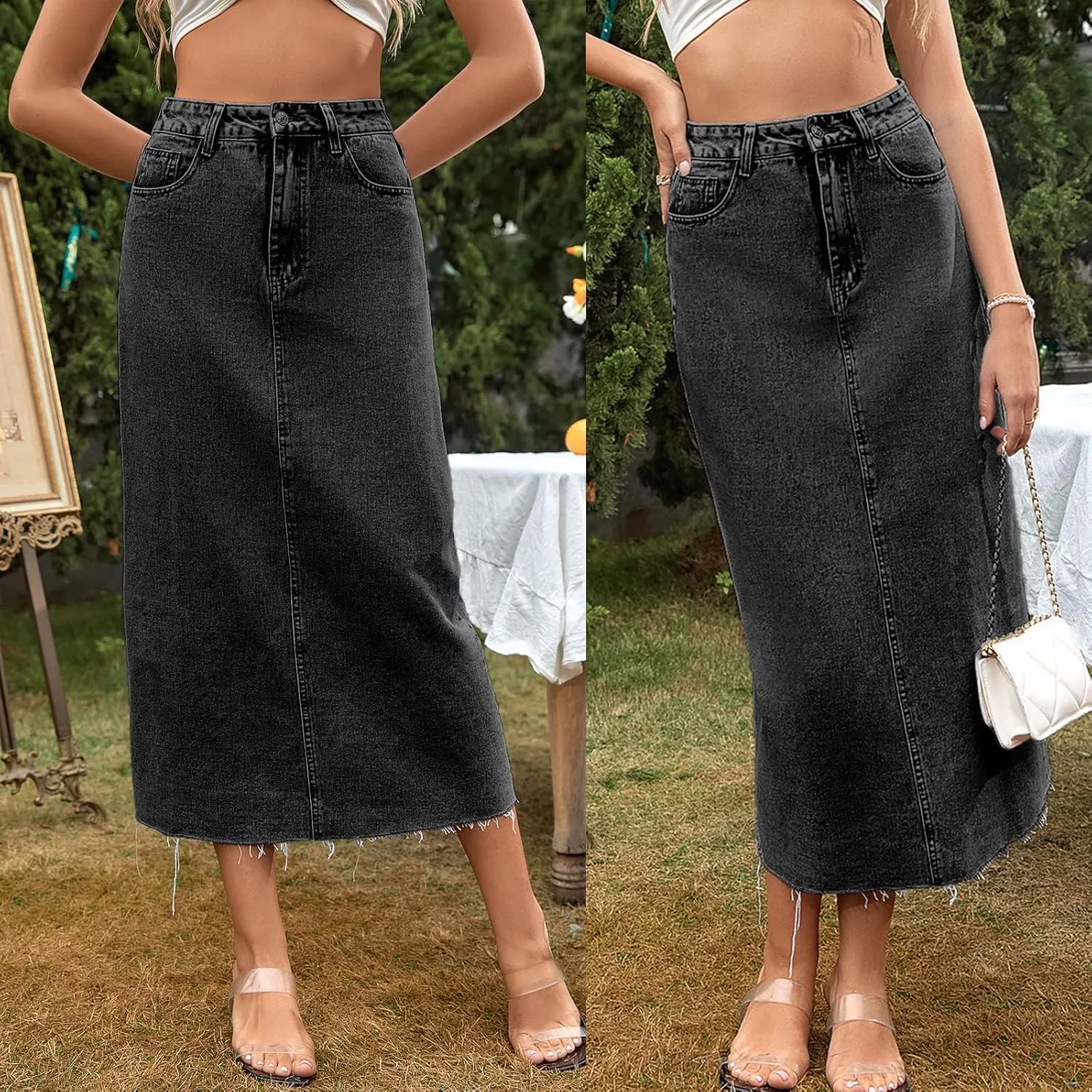 Long Denim Skirts for Women Maxi Paperbag High Waist Frayed Raw Hem A line Flare Jean Skirt with Pockets