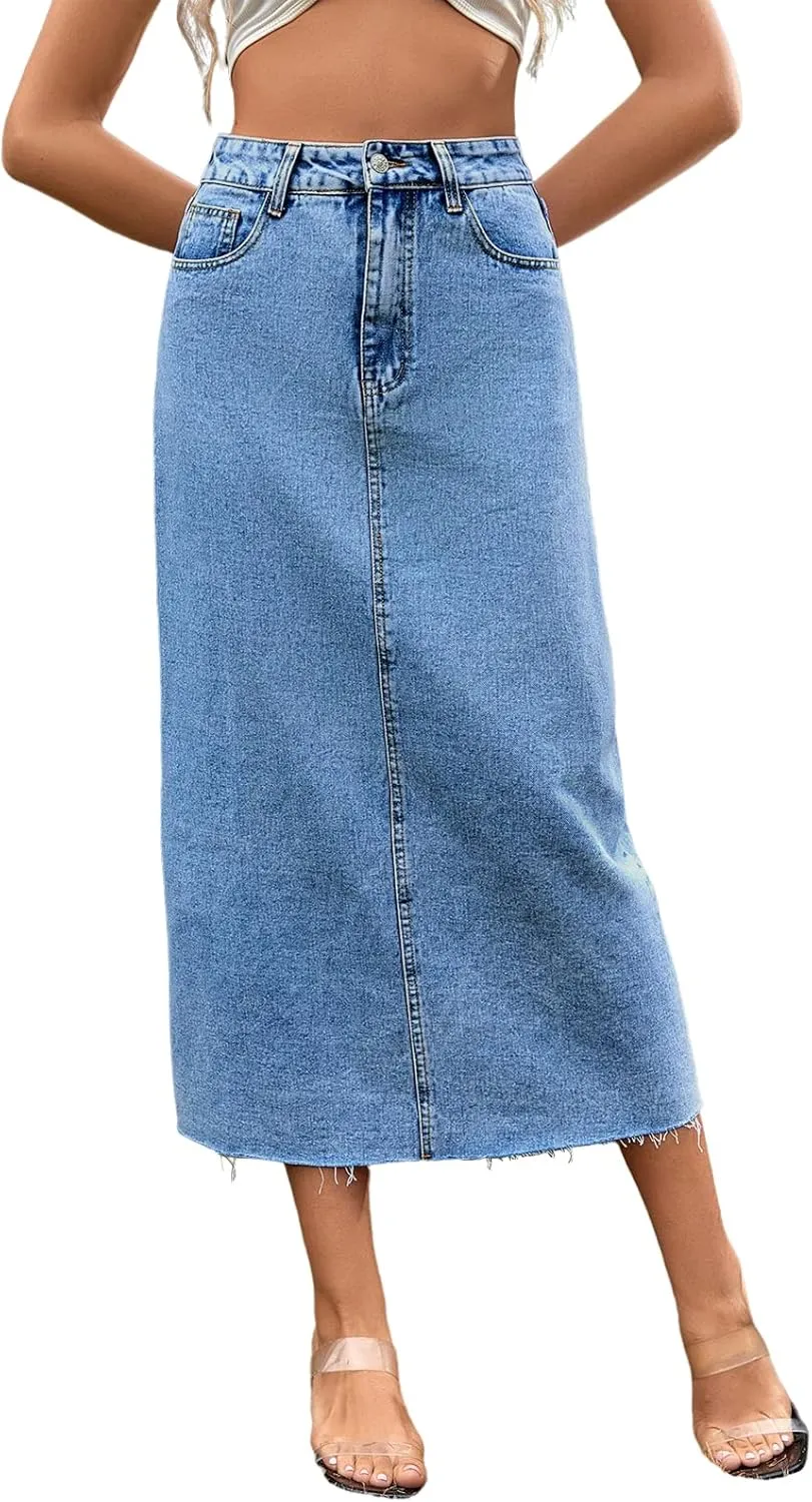 Long Denim Skirts for Women Maxi Paperbag High Waist Frayed Raw Hem A line Flare Jean Skirt with Pockets