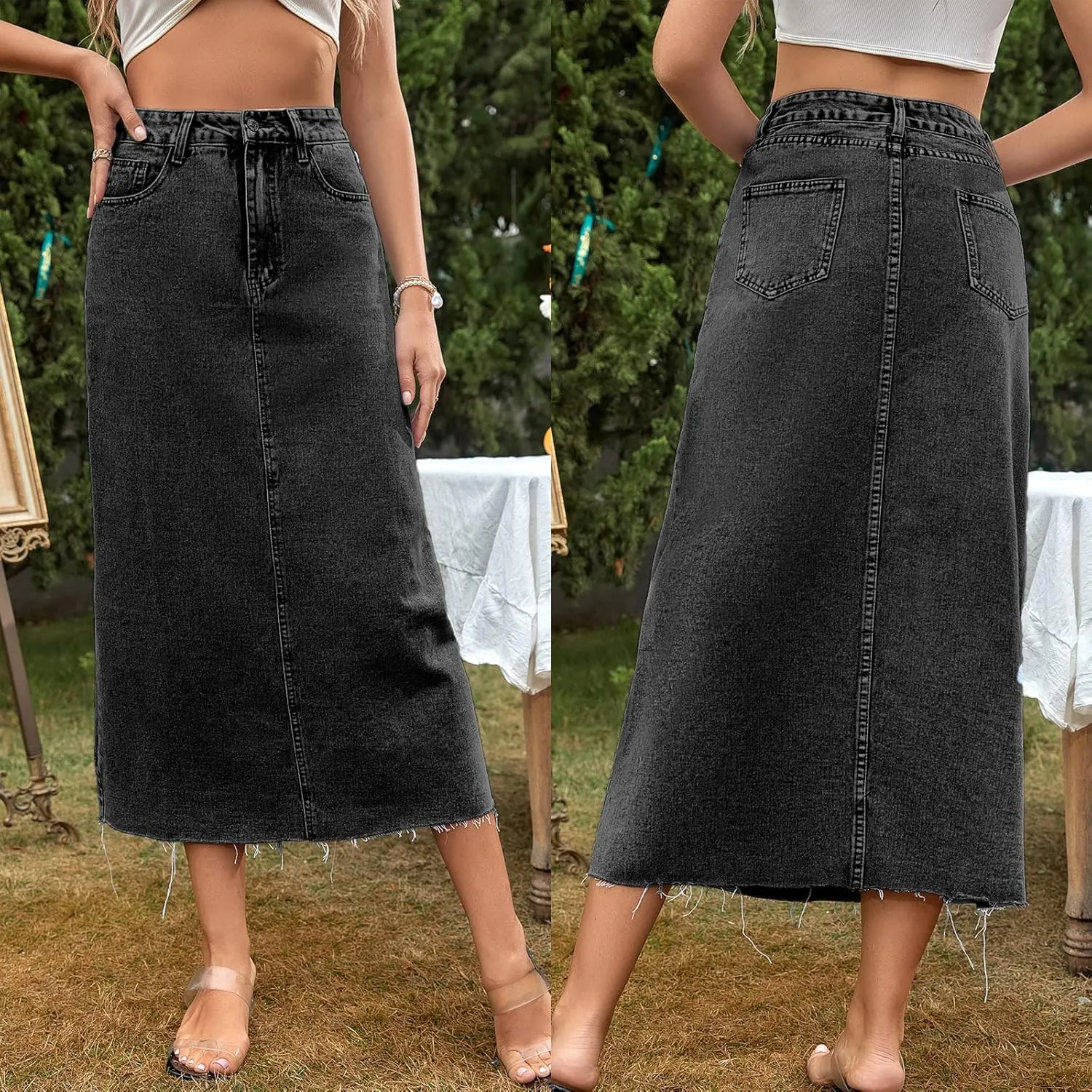 Long Denim Skirts for Women Maxi Paperbag High Waist Frayed Raw Hem A line Flare Jean Skirt with Pockets