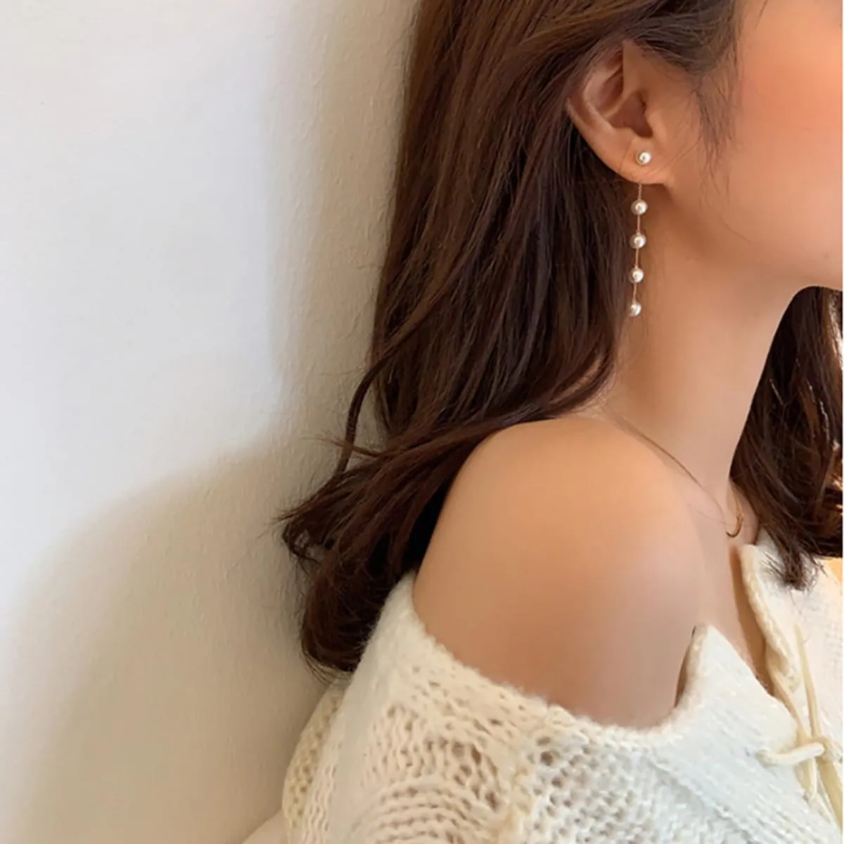 Long Pearl Tassel Dangle Drop Earrings Boho Pearl Tassel Earrings Dainty Tiny Pearl Chain Earrings Statement Wedding Bride Earrings Birthday Christmas Valentine's Day Clothing Jewelry for Women