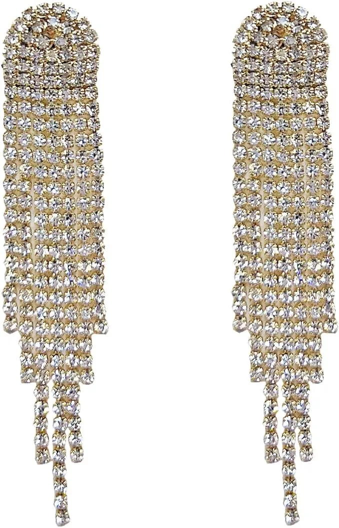 Long Tassel Earrings Crystal Chandelier Earring Rhinestone Fringe Chain Earrings Bridal Jewellry Silver Tassel Drop Dangle Earrings for Women