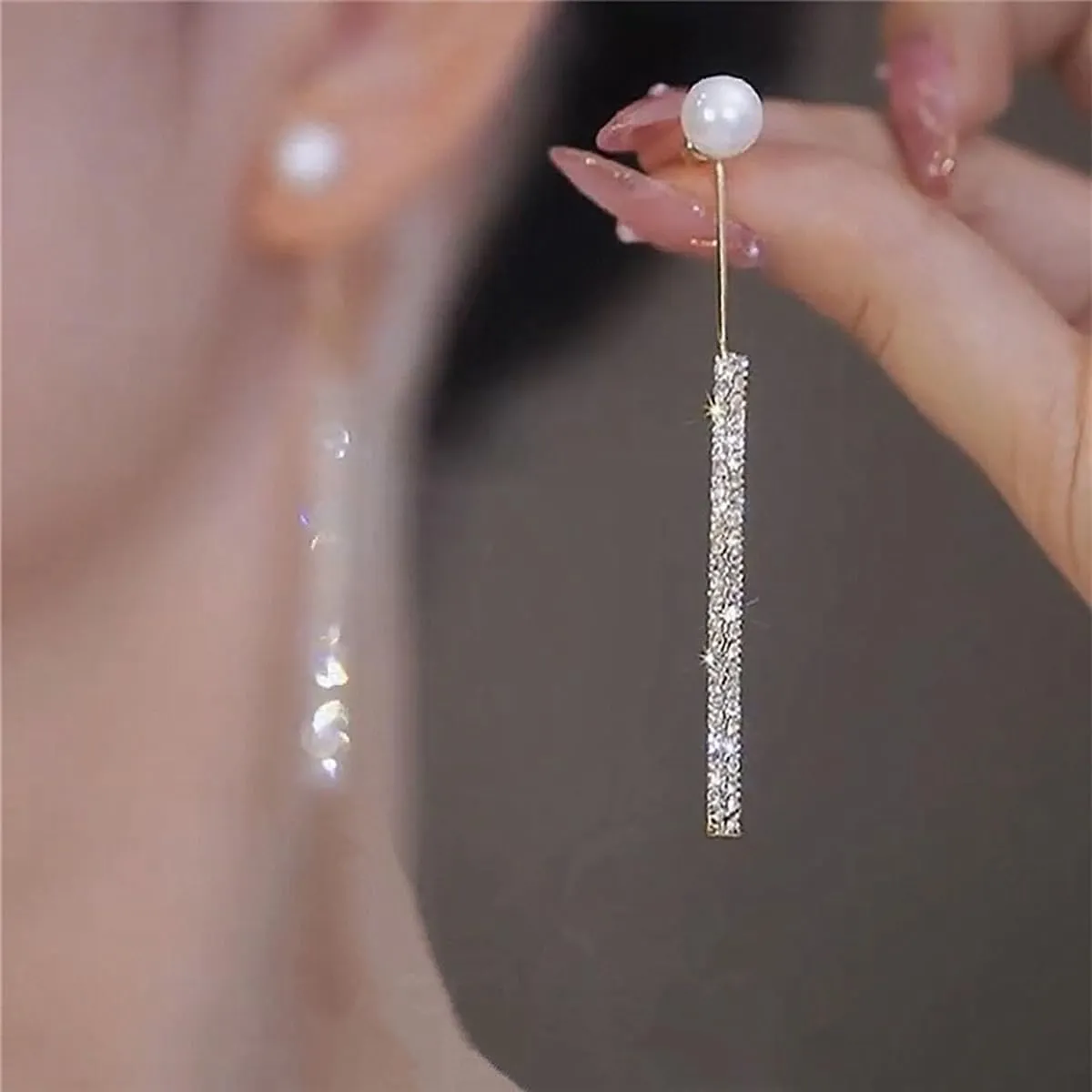 Long Tassel Pearl Dangle Earrings Crystal Bow Earrings Luxury Full Rhinestone Gold Drop Earrings Wedding Party Jewelry Gift for Women