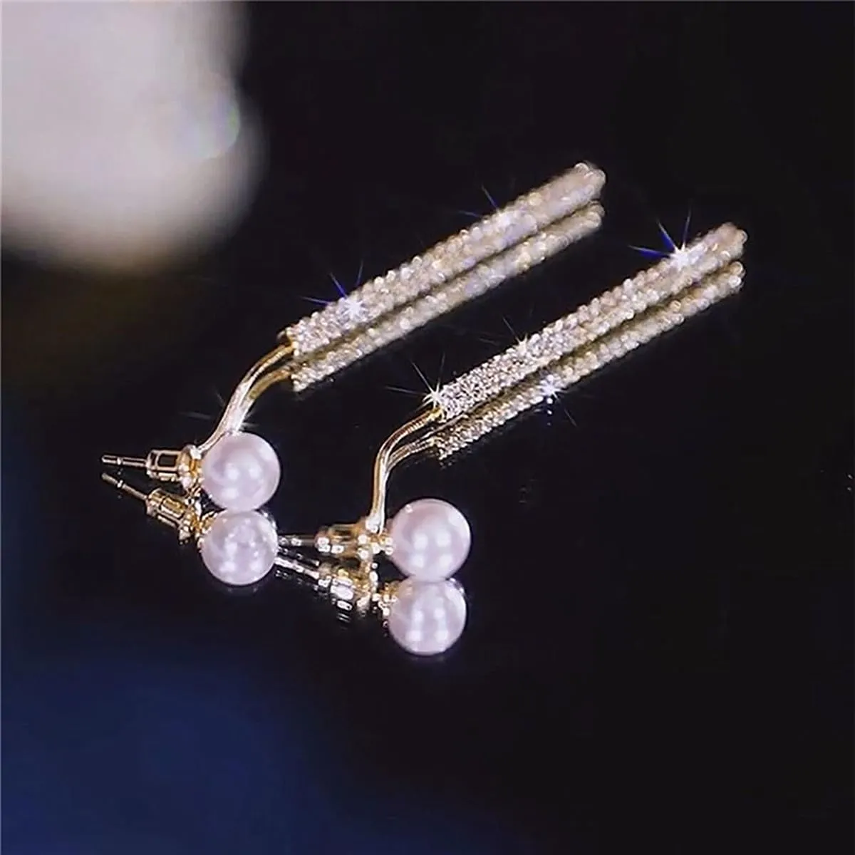 Long Tassel Pearl Dangle Earrings Crystal Bow Earrings Luxury Full Rhinestone Gold Drop Earrings Wedding Party Jewelry Gift for Women