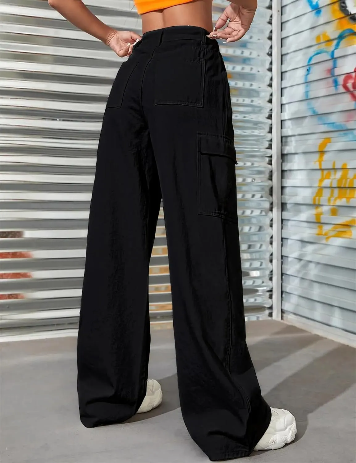 LONGBIDA Women's High Waisted Cargo Jeans Y2K Straight Wide Leg Baggy Jeans Loose Denim Cargo Pants Trousers