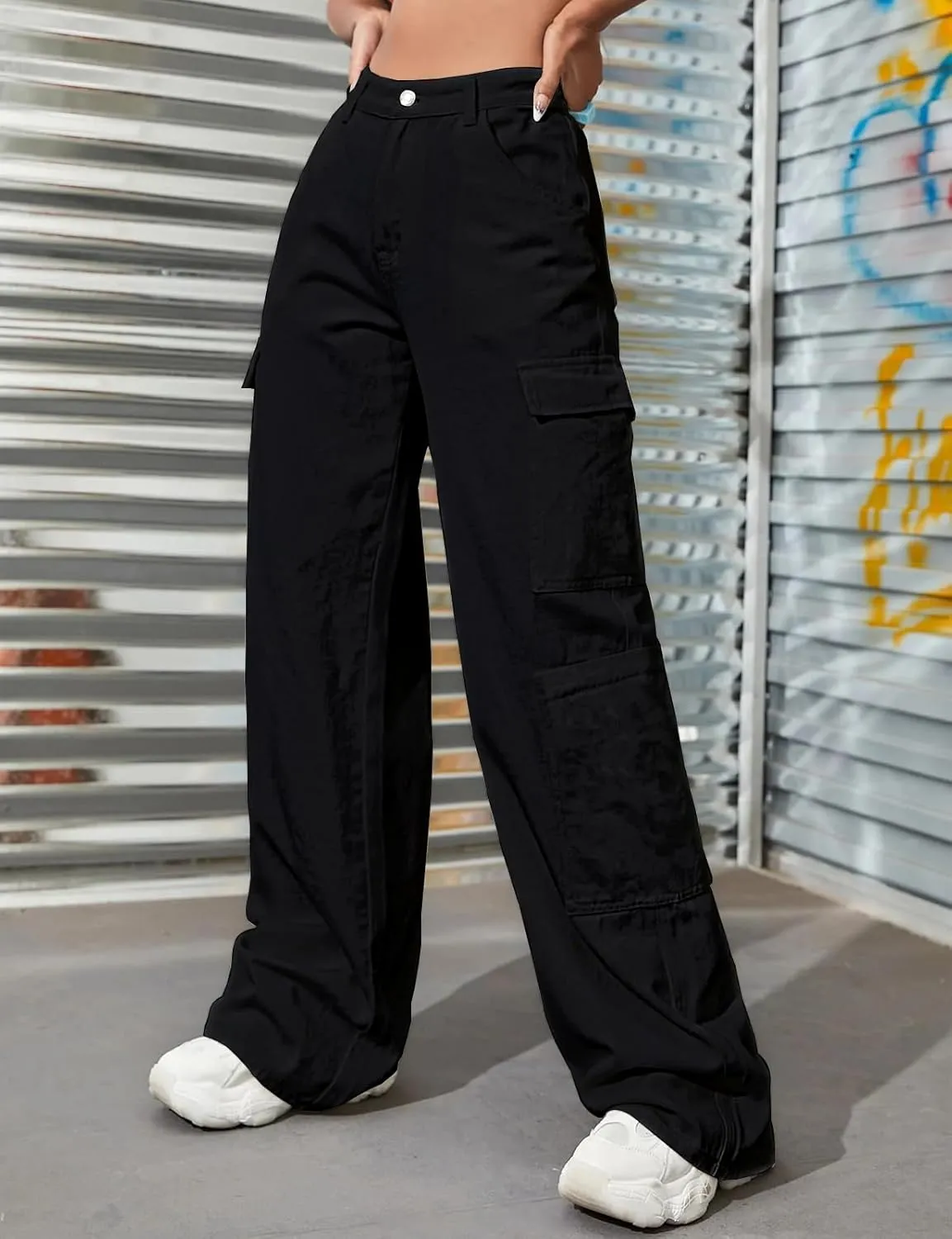 LONGBIDA Women's High Waisted Cargo Jeans Y2K Straight Wide Leg Baggy Jeans Loose Denim Cargo Pants Trousers