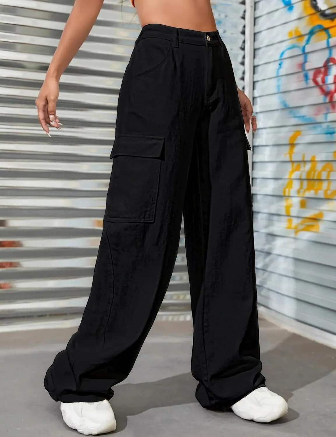 LONGBIDA Women's High Waisted Cargo Jeans Y2K Straight Wide Leg Baggy Jeans Loose Denim Cargo Pants Trousers