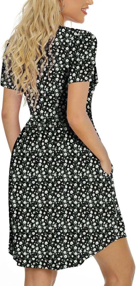 LONGYUAN Women's Casual Dresses 2025 Summer Short Sleeve Dress Hide Belly Loose Fit Sundress with Pockets S-3XL