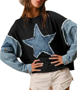 Lordree Women Star Patchwork Sweatshirt Denim Patch Crewneck Pullover Vintage Color Block Oversized Sweatshirts Streetwear