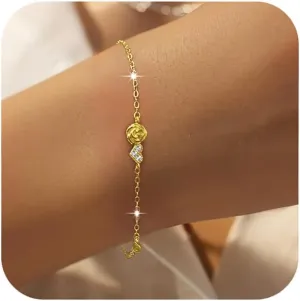 LOVECOM Birth Flower Heart Bracelets for Women Gold Rose Floral Charm Link Chain Bracelet 925 Sterling Silver Love Friendship Sister Adjustable Bracelet Jewelry Birthday Gifts to Daughter