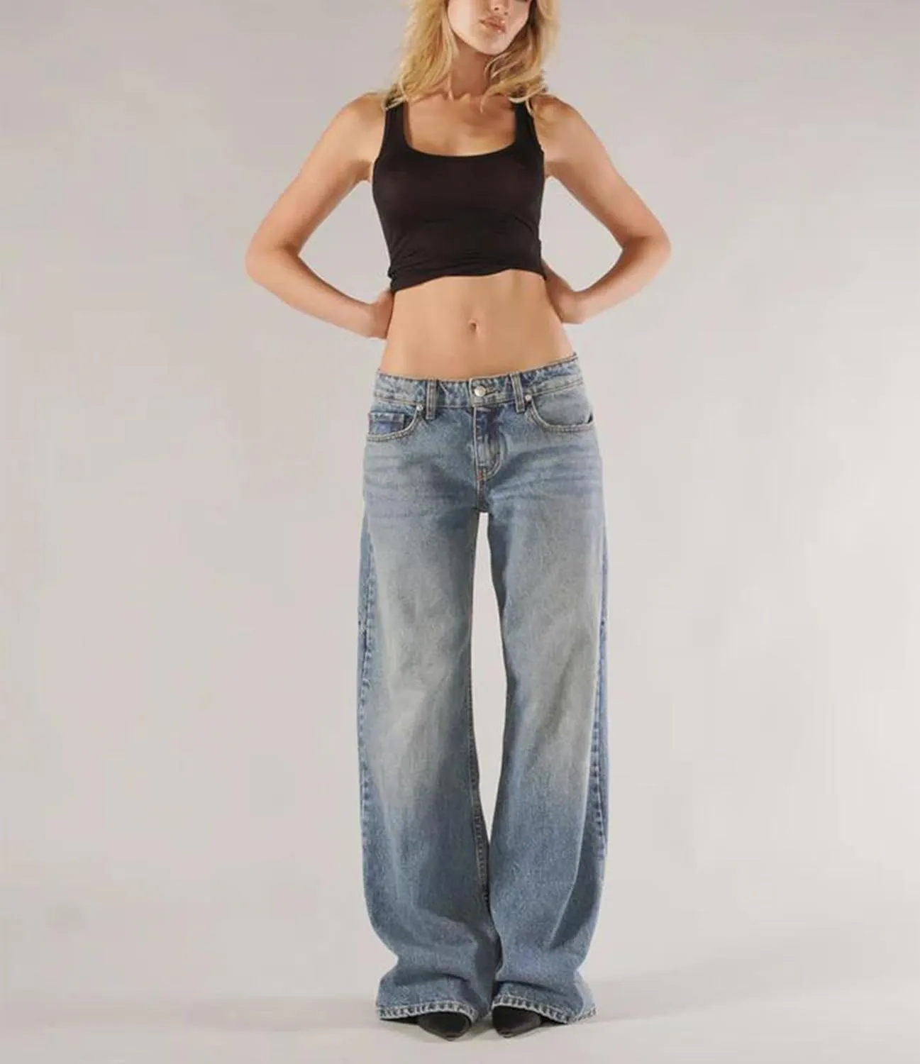 Low Rise Baggy Jeans for Women Y2k Boyfriend Straight Wide Leg Jeans Loose Fit Denim Pants Streetwear
