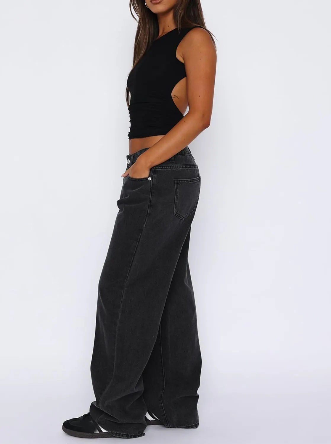 Low Rise Baggy Jeans for Women Y2k Boyfriend Straight Wide Leg Jeans Loose Fit Denim Pants Streetwear