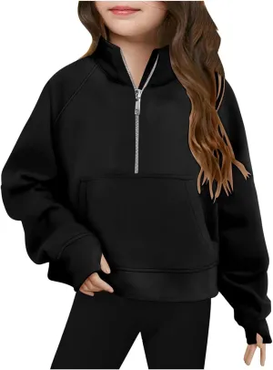 LRMQS Girls Half Zipper Sweatshirts Cute Trendy Fall Pullover Crop Tops for Teen Girls Long Sleeve Sweater Clothes Thumb Hole
