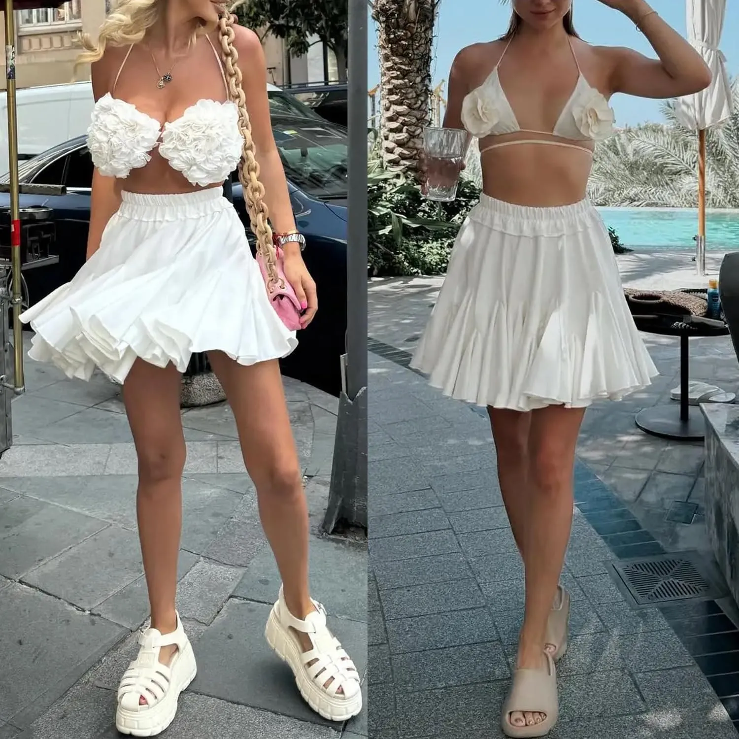 Lunoakvo Women Ruffle A-line High Waist Pleated Basic Short Mini Skirt Flared Skirts