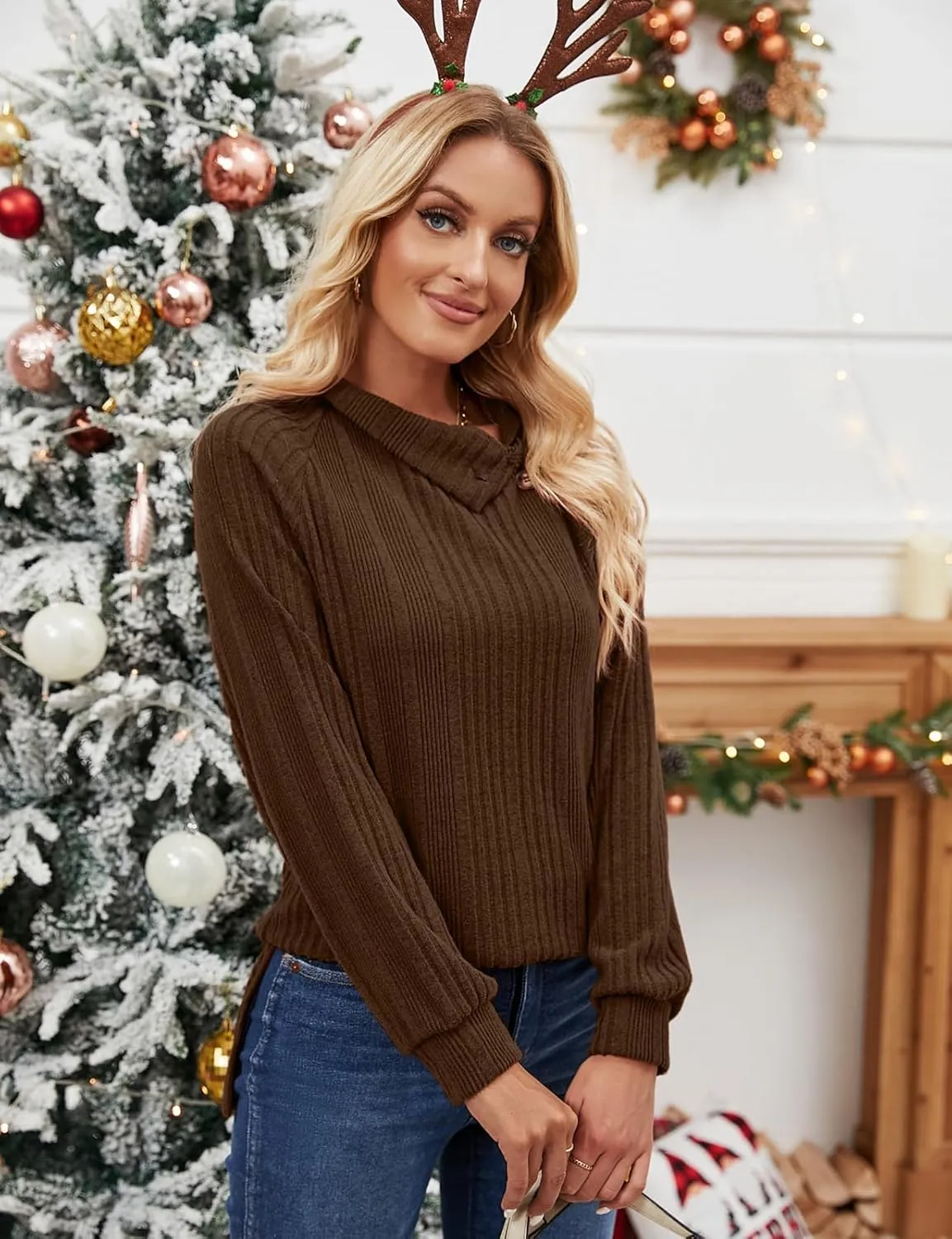 LURANEE Womens Long Sleeve Tunic Tops Turtle Neck Sweater Light High Low Side Split Sweatshirt