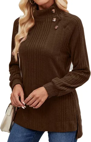 LURANEE Womens Long Sleeve Tunic Tops Turtle Neck Sweater Light High Low Side Split Sweatshirt