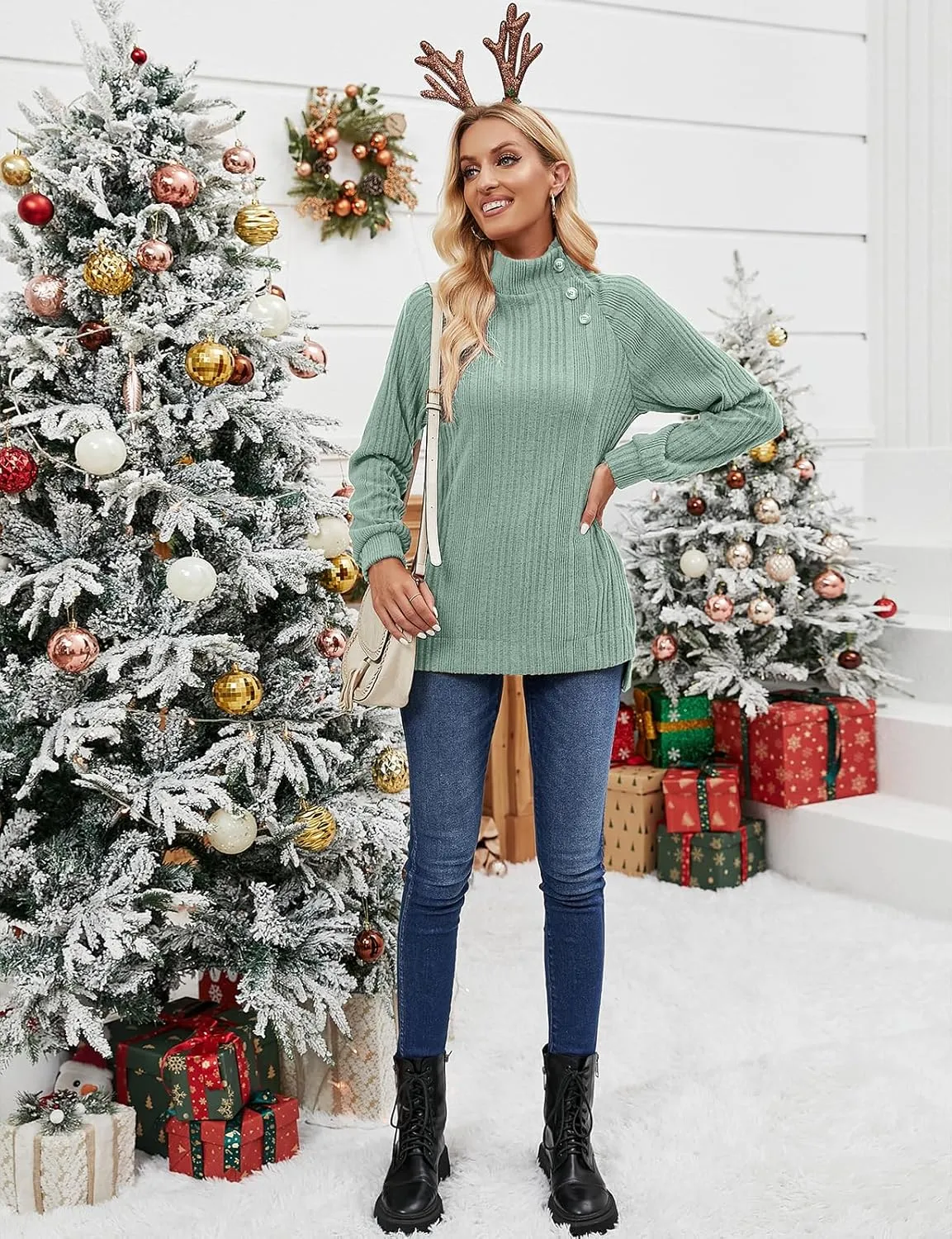 LURANEE Womens Long Sleeve Tunic Tops Turtle Neck Sweater Light High Low Side Split Sweatshirt