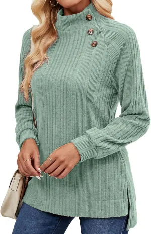 LURANEE Womens Long Sleeve Tunic Tops Turtle Neck Sweater Light High Low Side Split Sweatshirt