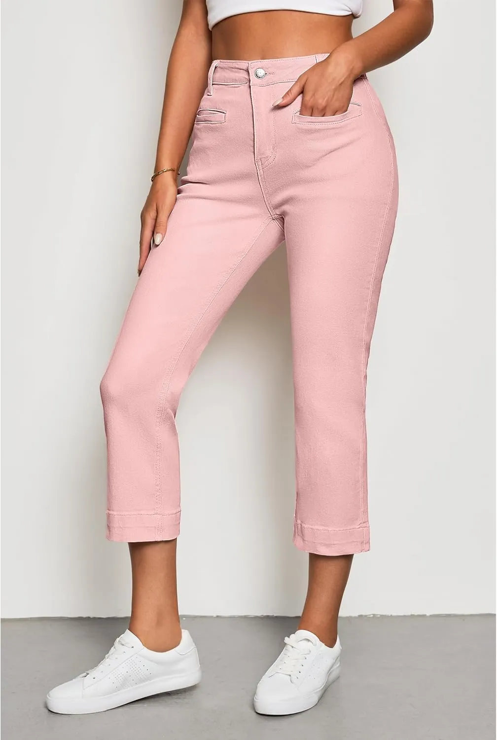 luvamia Capri Jeans for Women High Waisted Slim Straight Stretchy Denim Capris Pants Welt Pockets Casual Cropped Jeans