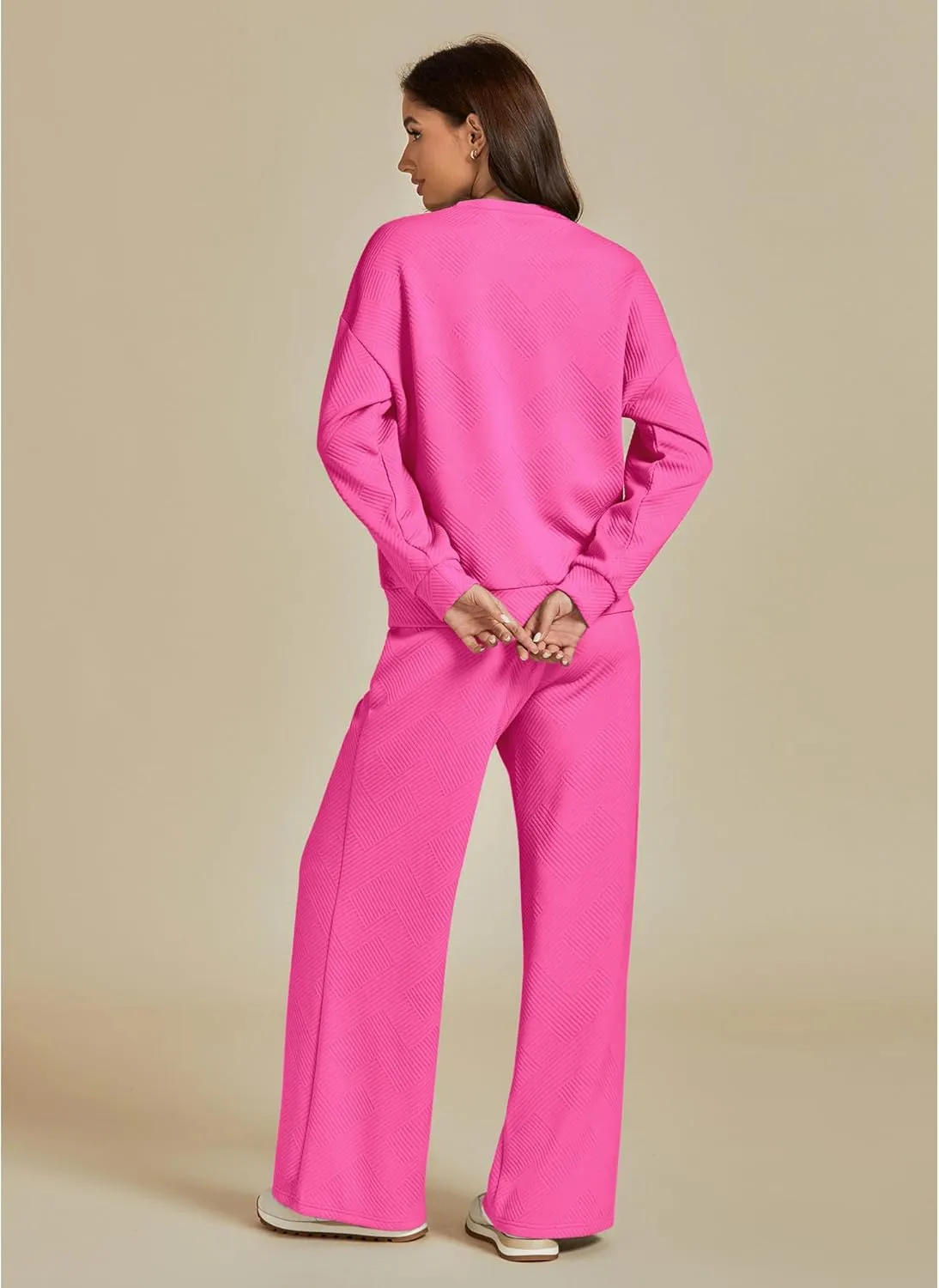 luvamia Lounge 2 Piece Sets for Women Texture Long Sleeve Pullover Pull On Wide Leg Pants Sweatsuit Loungewear Sweat Set
