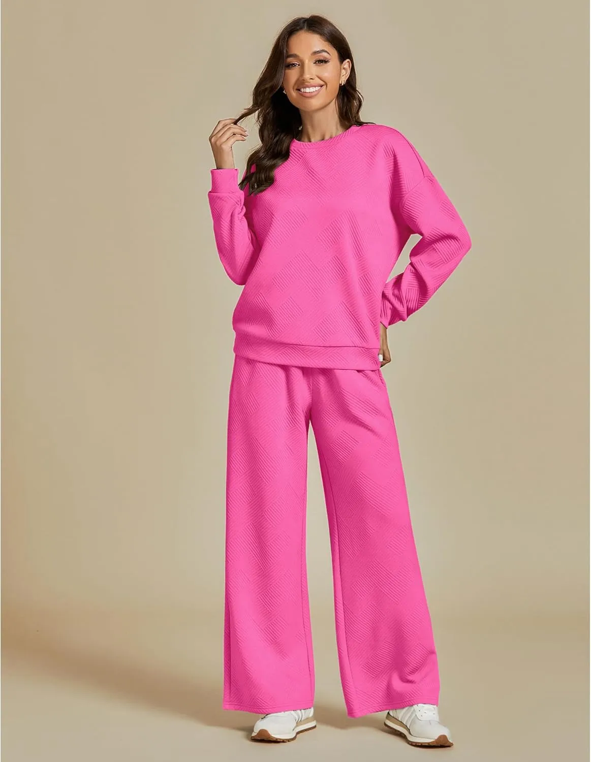 luvamia Lounge 2 Piece Sets for Women Texture Long Sleeve Pullover Pull On Wide Leg Pants Sweatsuit Loungewear Sweat Set