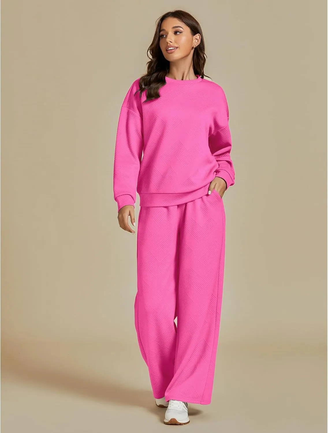 luvamia Lounge 2 Piece Sets for Women Texture Long Sleeve Pullover Pull On Wide Leg Pants Sweatsuit Loungewear Sweat Set