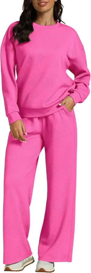 luvamia Lounge 2 Piece Sets for Women Texture Long Sleeve Pullover Pull On Wide Leg Pants Sweatsuit Loungewear Sweat Set
