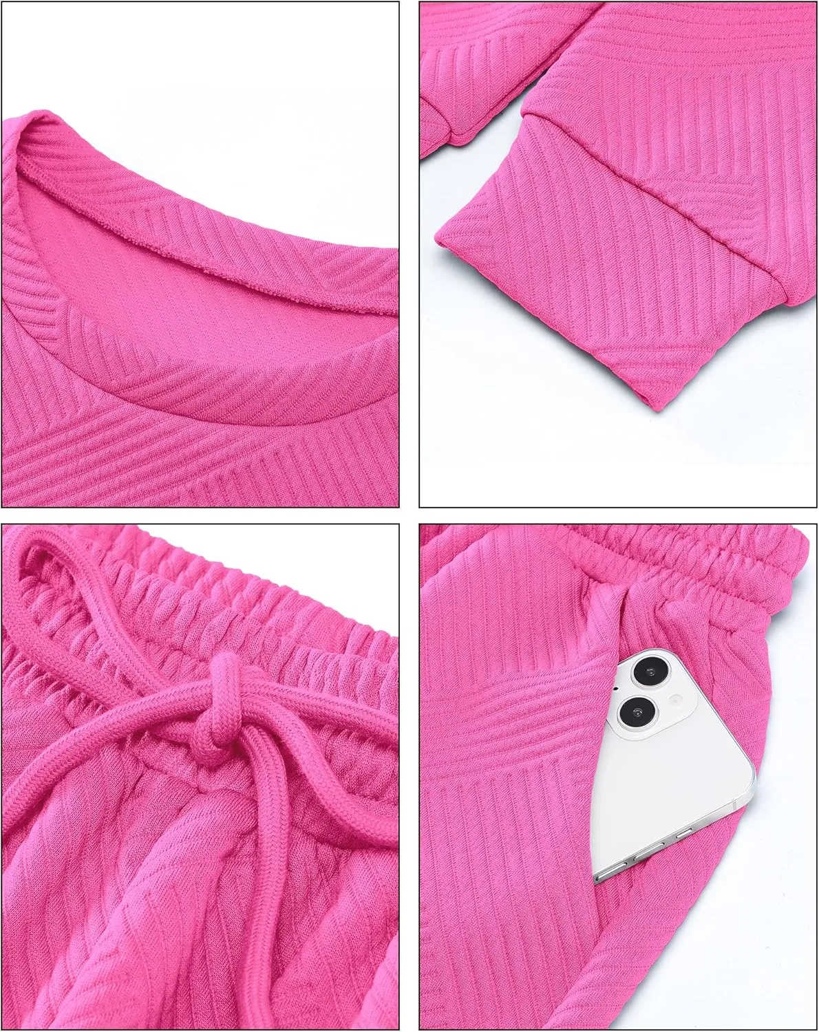 luvamia Lounge 2 Piece Sets for Women Texture Long Sleeve Pullover Pull On Wide Leg Pants Sweatsuit Loungewear Sweat Set