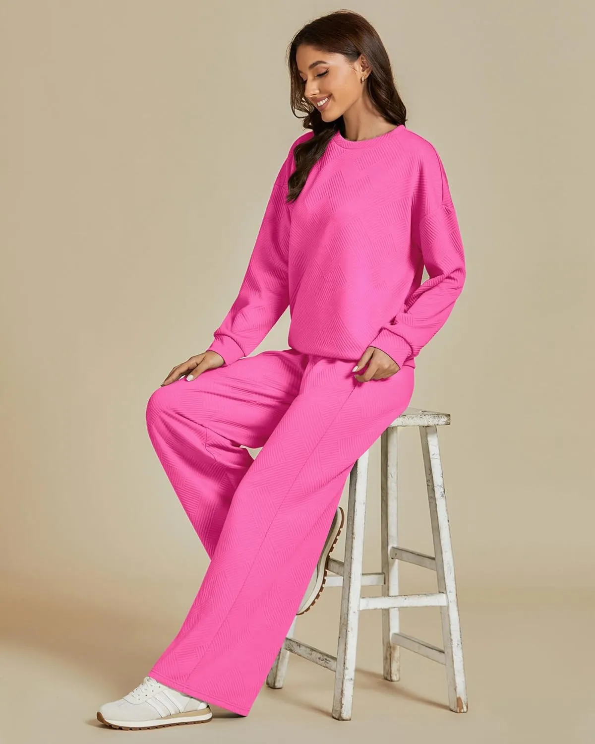 luvamia Lounge 2 Piece Sets for Women Texture Long Sleeve Pullover Pull On Wide Leg Pants Sweatsuit Loungewear Sweat Set