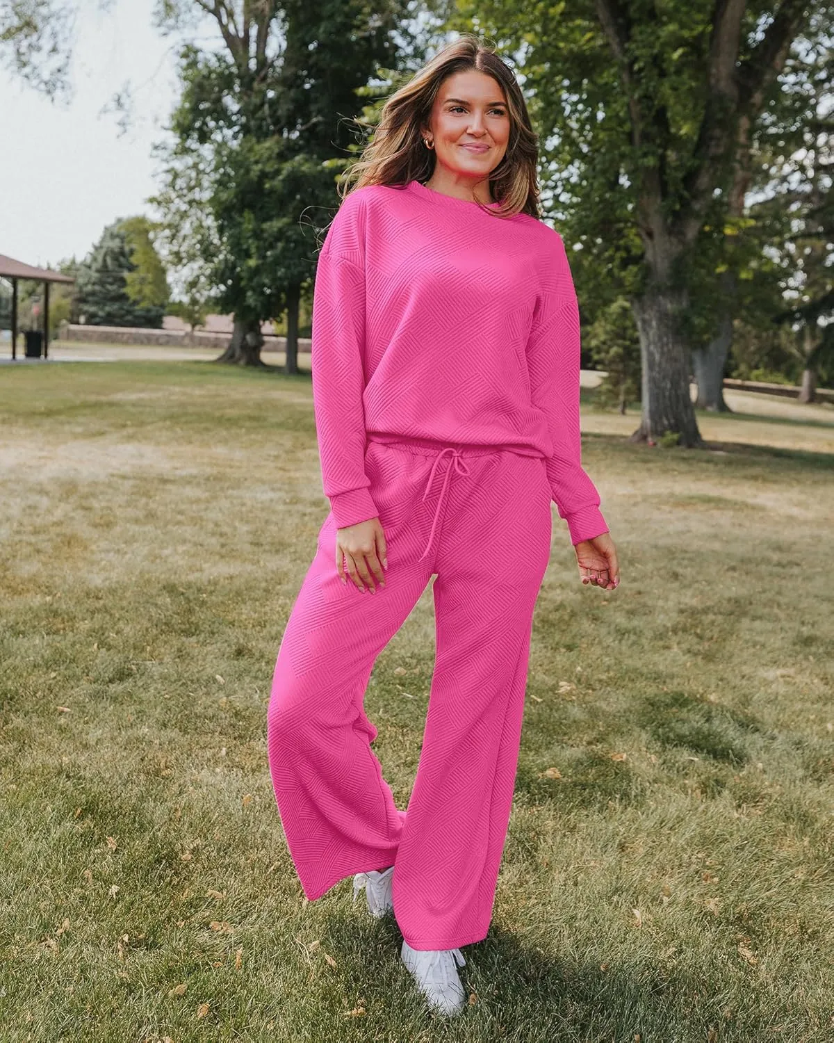 luvamia Lounge 2 Piece Sets for Women Texture Long Sleeve Pullover Pull On Wide Leg Pants Sweatsuit Loungewear Sweat Set
