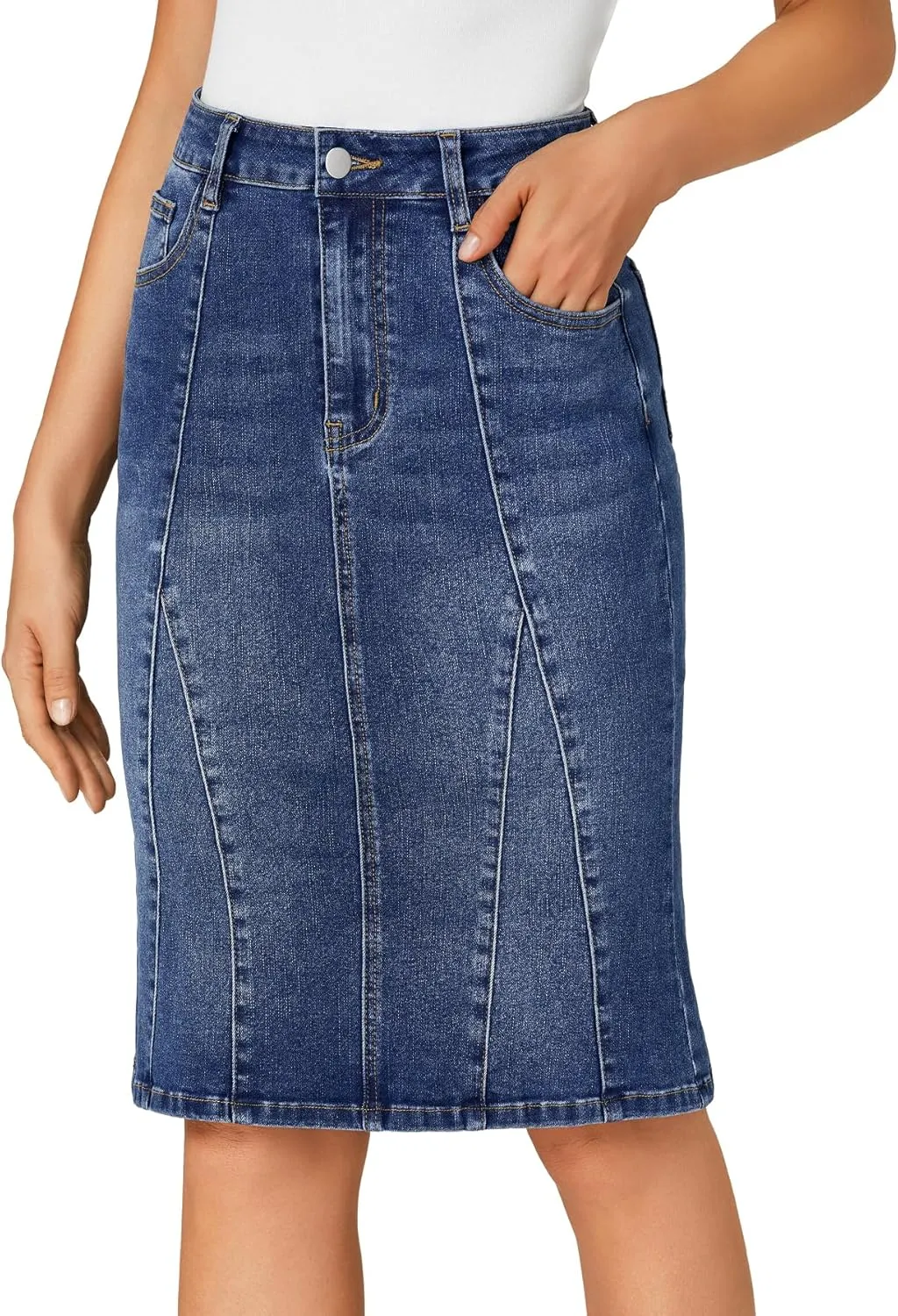 LYANER Women's Denim High Waisted Knee Length Pencil Mermaid Stretch Jean Skirt